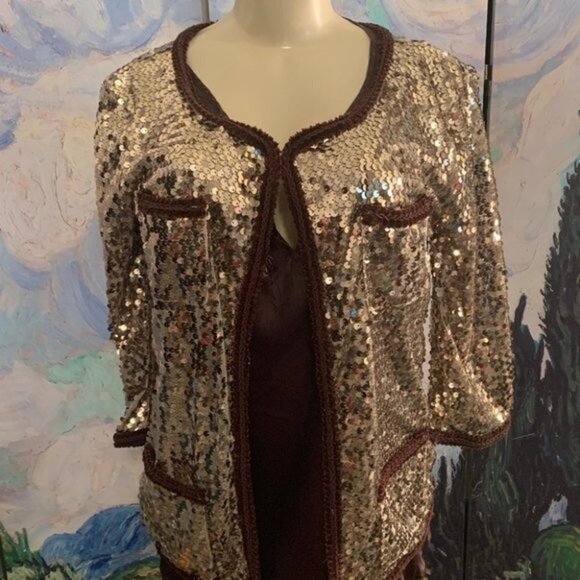 Iman M Champagne Mesh Sequin Lined Contrast Brown Trim 3/4 Sleeve Cardigan Shrug - Picture 1 of 6